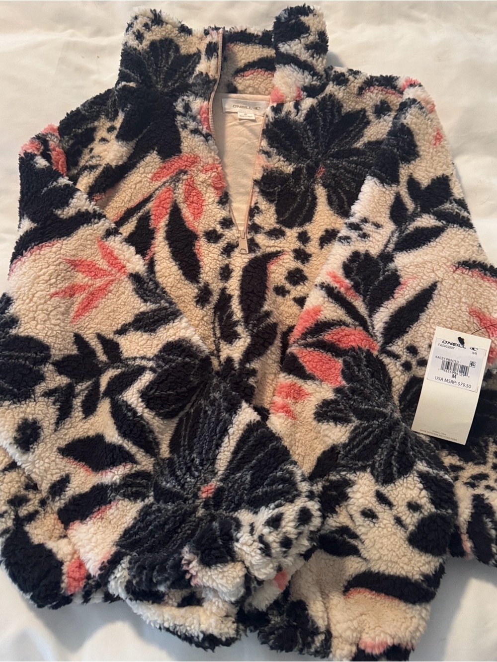 O'Neill Cream Sherpa Jacket with Black & Coral Floral Print